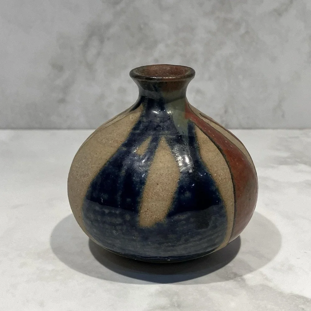 OMC Japan Studio Pottery Bud Vase Red Blue Drip Glaze Mid Century VTG 3